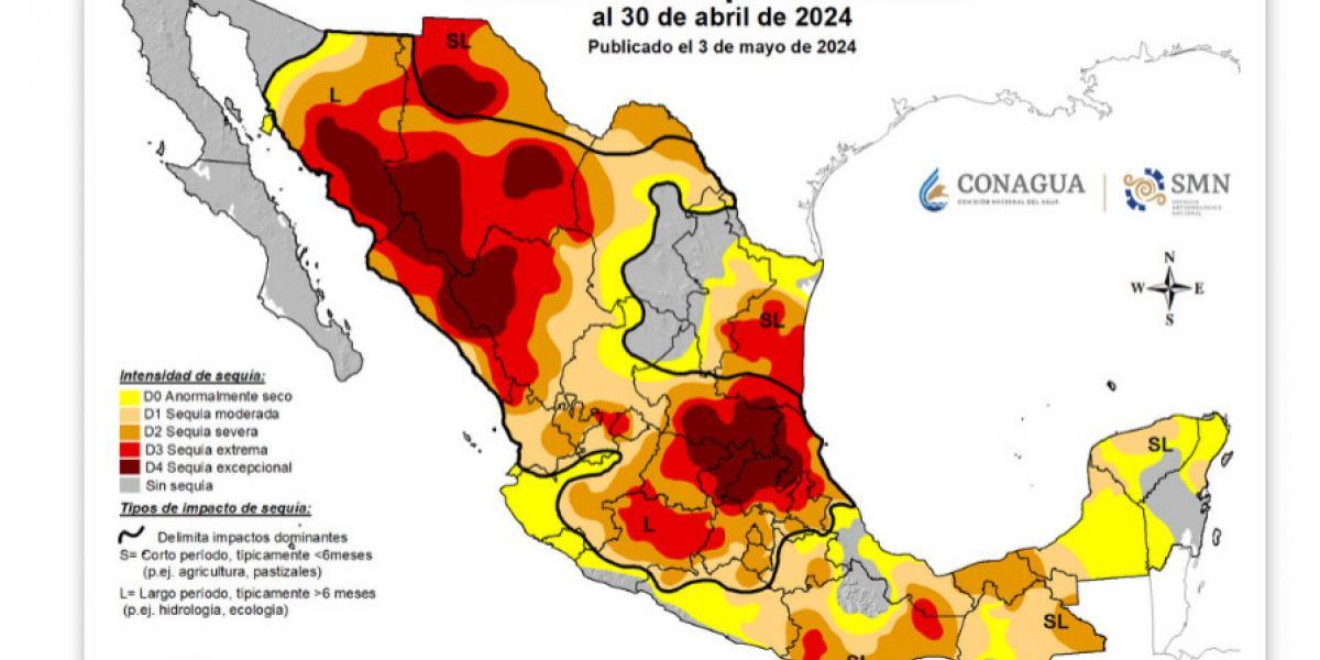 Mapa de sequía al 30 de abril 2024, CONAGUA